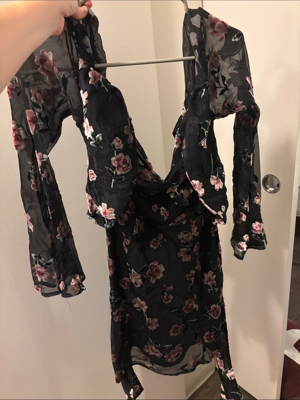 For Love And Lemons Black Floral Sheer Long-Sleeve Mini Dress